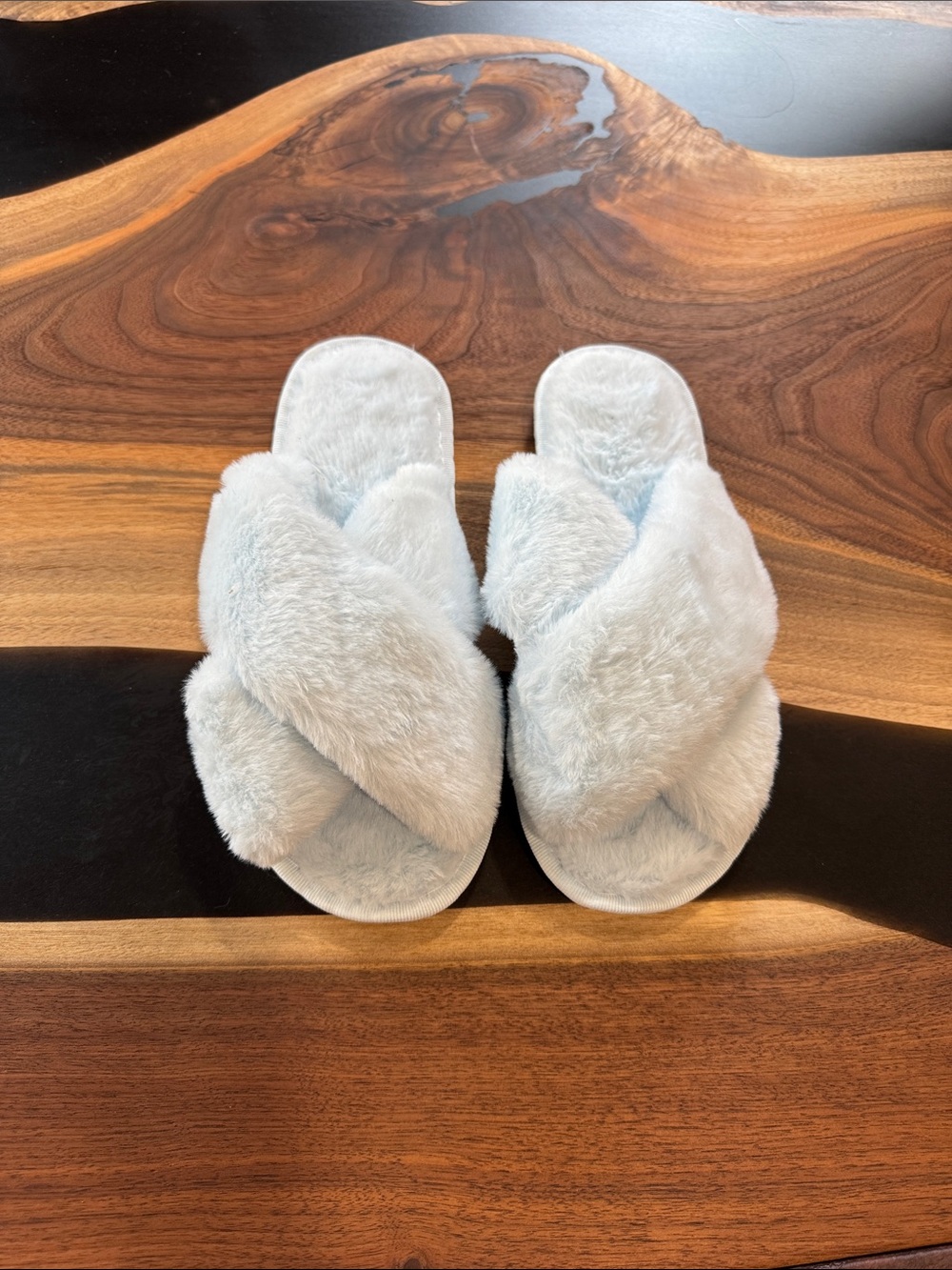 Cozy Faux-Fur Crisscross Slide Slippers - Light Blue